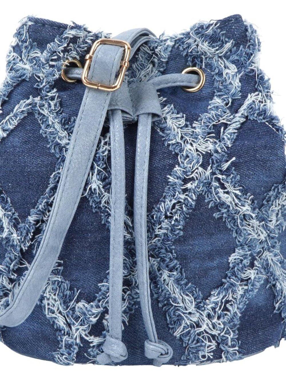 Women Small Distressed Tassel Denim Jean Drawstring Bucket Crossbody Bag Shoulde